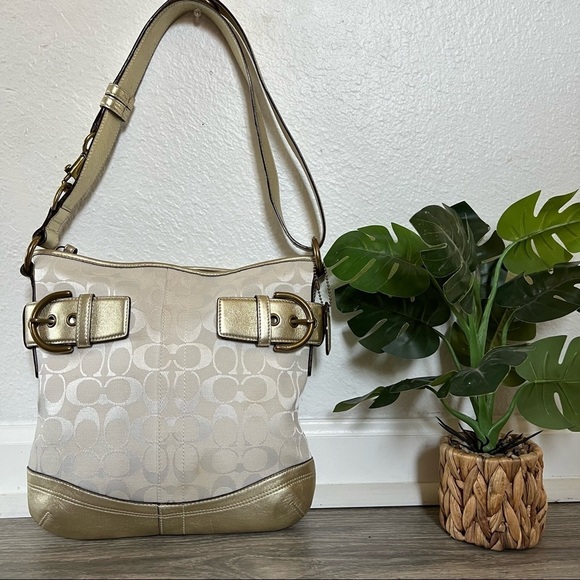 Coach Handbags - Coach signature monogram canvas gold/white combo